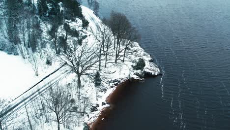 winter aerial view of snowy lakeshore evoking calm and solitude