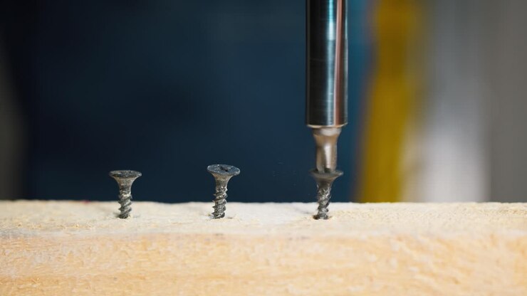 Close-up of Power Drill Driving Screws into Wooden Plank