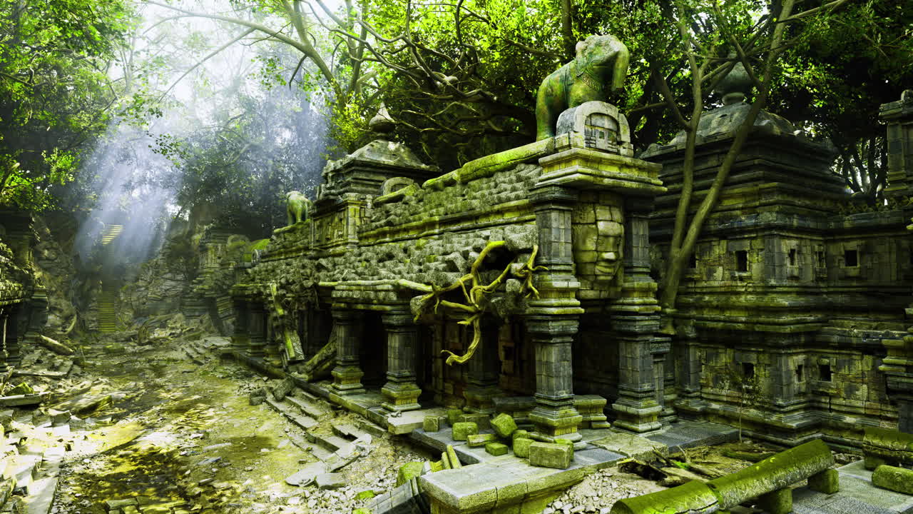 Ancient ruins of a temple complex engulfed by lush greenery in a forest
