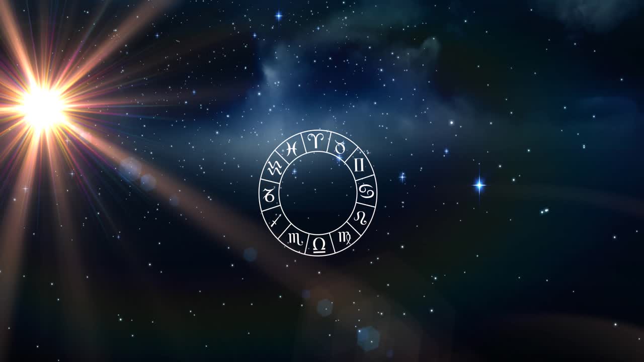 Animation of wheel of zodiac signs over shining sun and stars on blue sky
