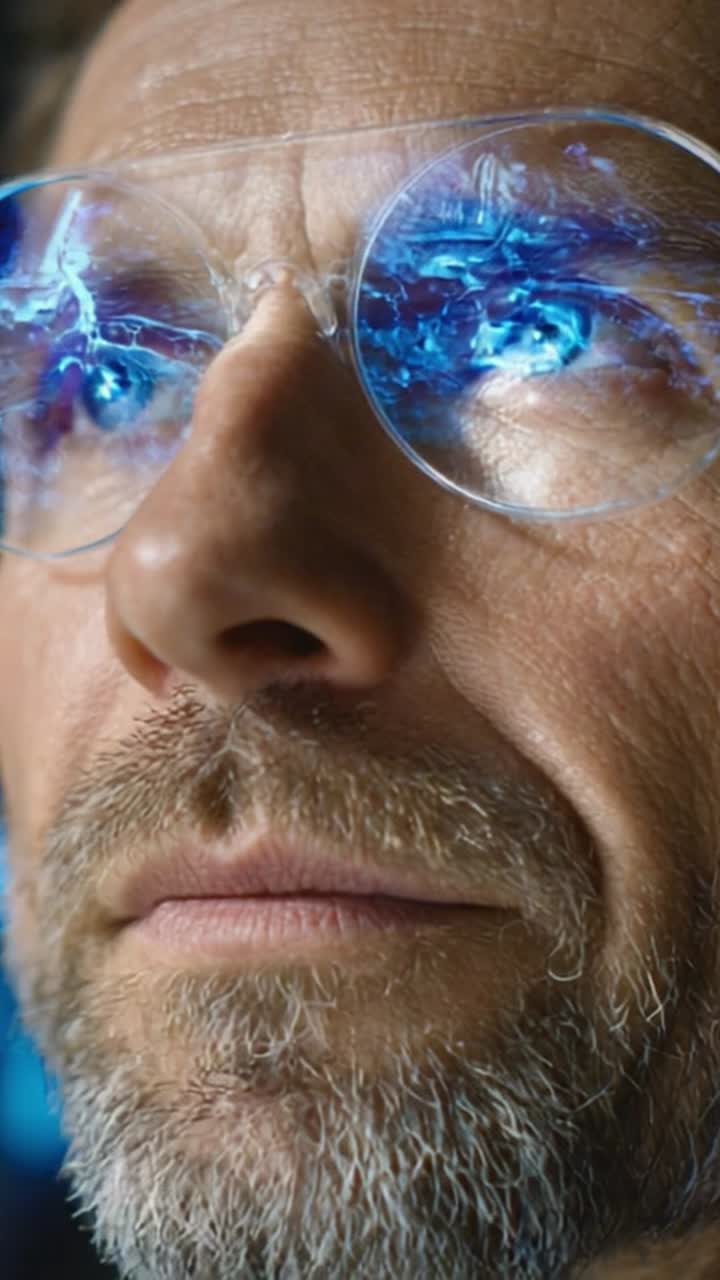 Close-Up of a Focused Individual with Futuristic Glasses Showcasing Electric Energy Reflections in Their Eyes, Capturing Key Emotions and Intense Concentration