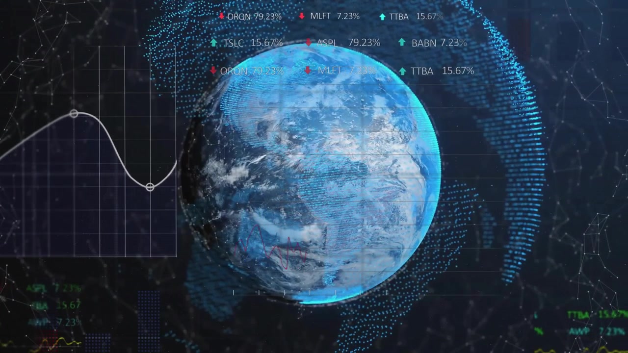 Startup causing 3D globe rotating while stock tickers updating charts animating showing data flow
