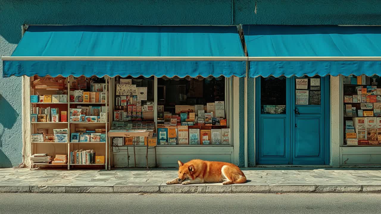 Un tranquillo angolo di una libreria che raffigura un cane soddisfatto che si rilassa di fronte a una vivace vetrina blu, circondato da scaffali pieni di libri, creando un'atmosfera accogliente e invitante