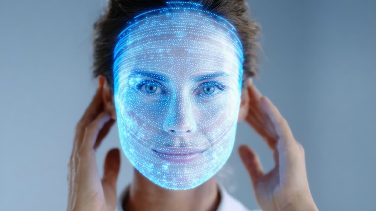 Et futuristisk møde: En kvinde interagerer med en interaktiv 3D holografisk projektion og manipulerer digitale data på sit ansigt med et roligt udtryk.