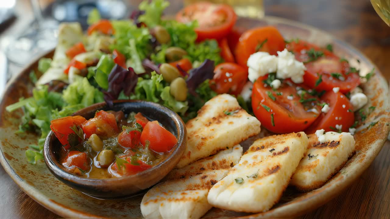 Delicious grilled halloumi cheese is served with a fresh salad of lettuce, tomatoes, olives, and feta, accompanied by a vibrant tomato salsa