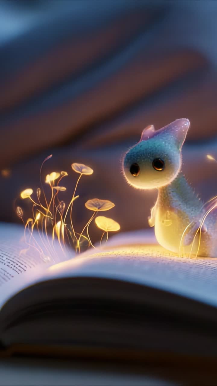A whimsical creature emerges from the pages of a book, illuminated by magical flowers, blending fantasy and literature in a captivating scene of imagination