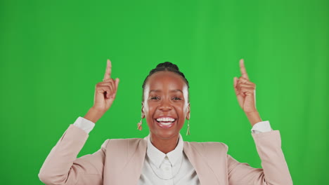 Happy-woman,-face-and-pointing-up-on-green-screen
