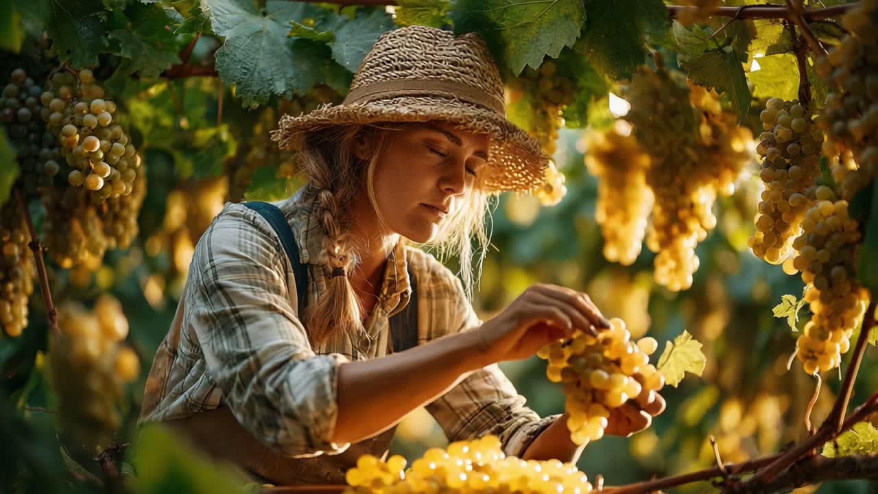 Vendemmia: immortalare l'abilità e la bellezza di una giovane donna che seleziona con cura l'uva matura in un vigneto sotto la luce dorata del tramonto