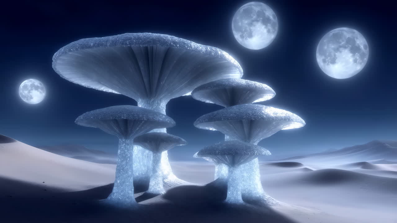Glowing Crystal Mushrooms on an Alien Desert under Multiple Moons