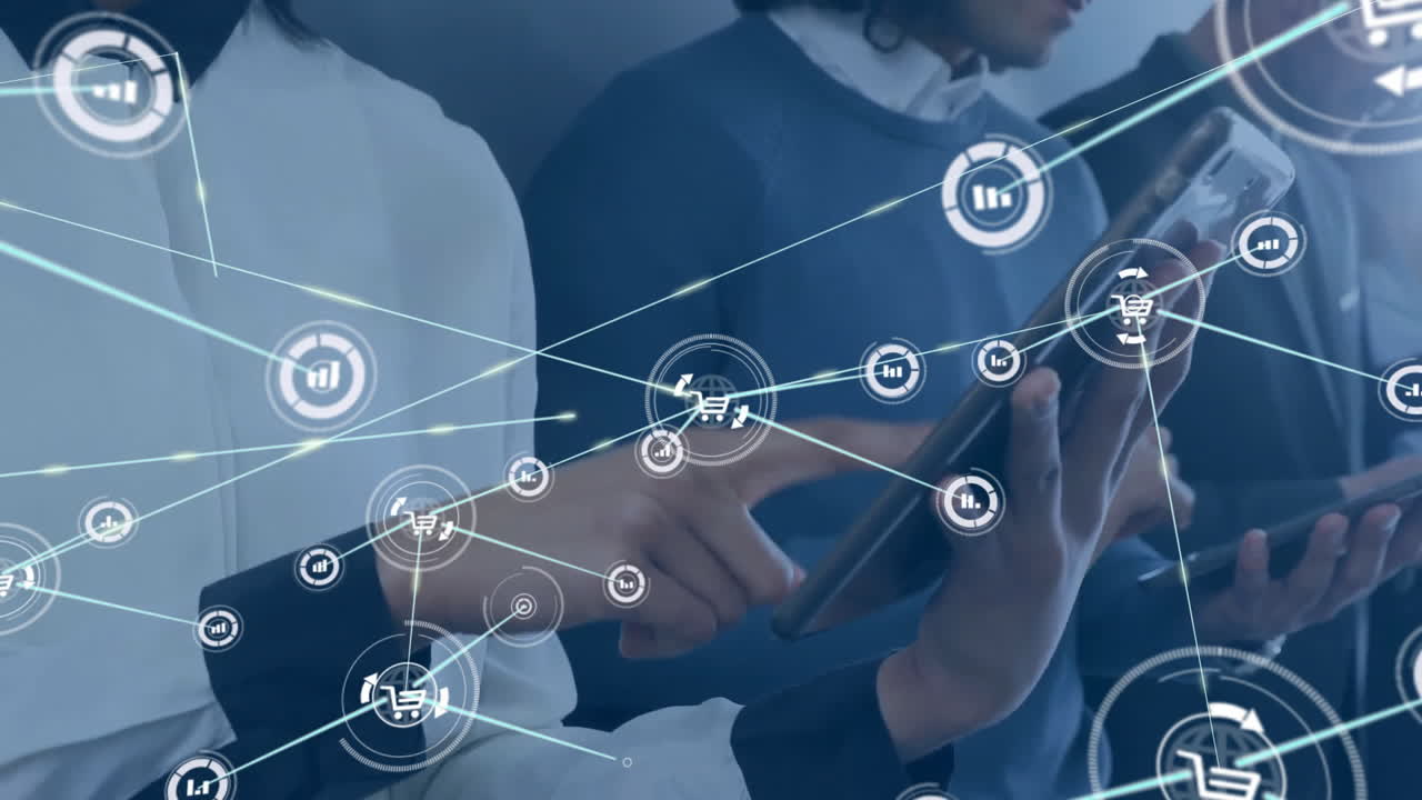 Animation of connected icons over diverse people standing with wall support and using digital tablet