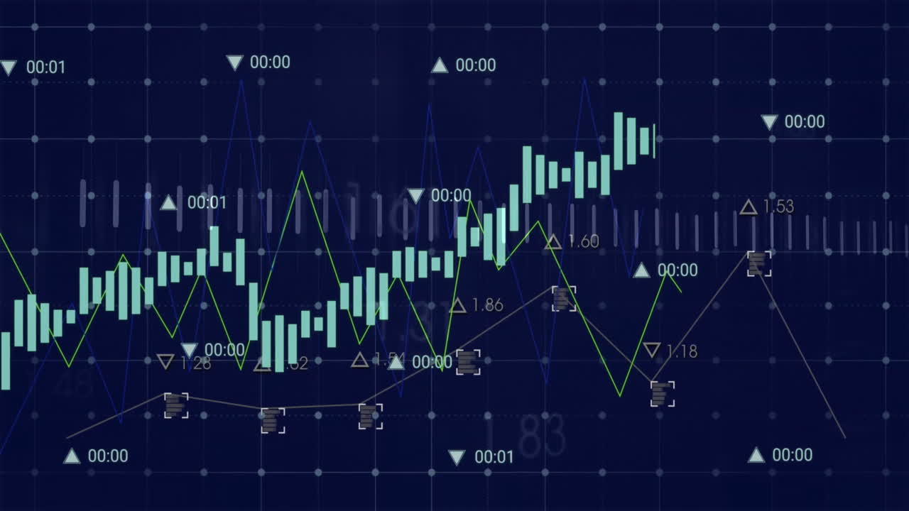 Animation of financial data processing and statistics over dark background