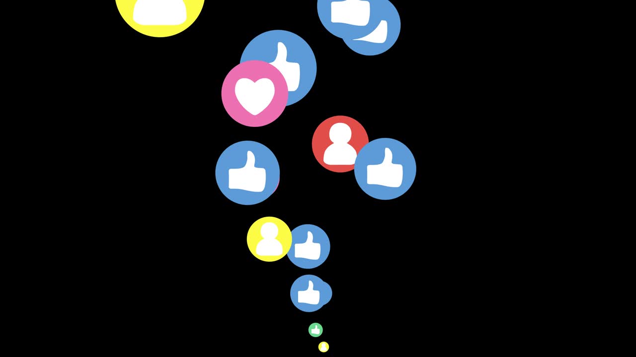 Animation of colorful circles moving upwards with different icons on transparent background.