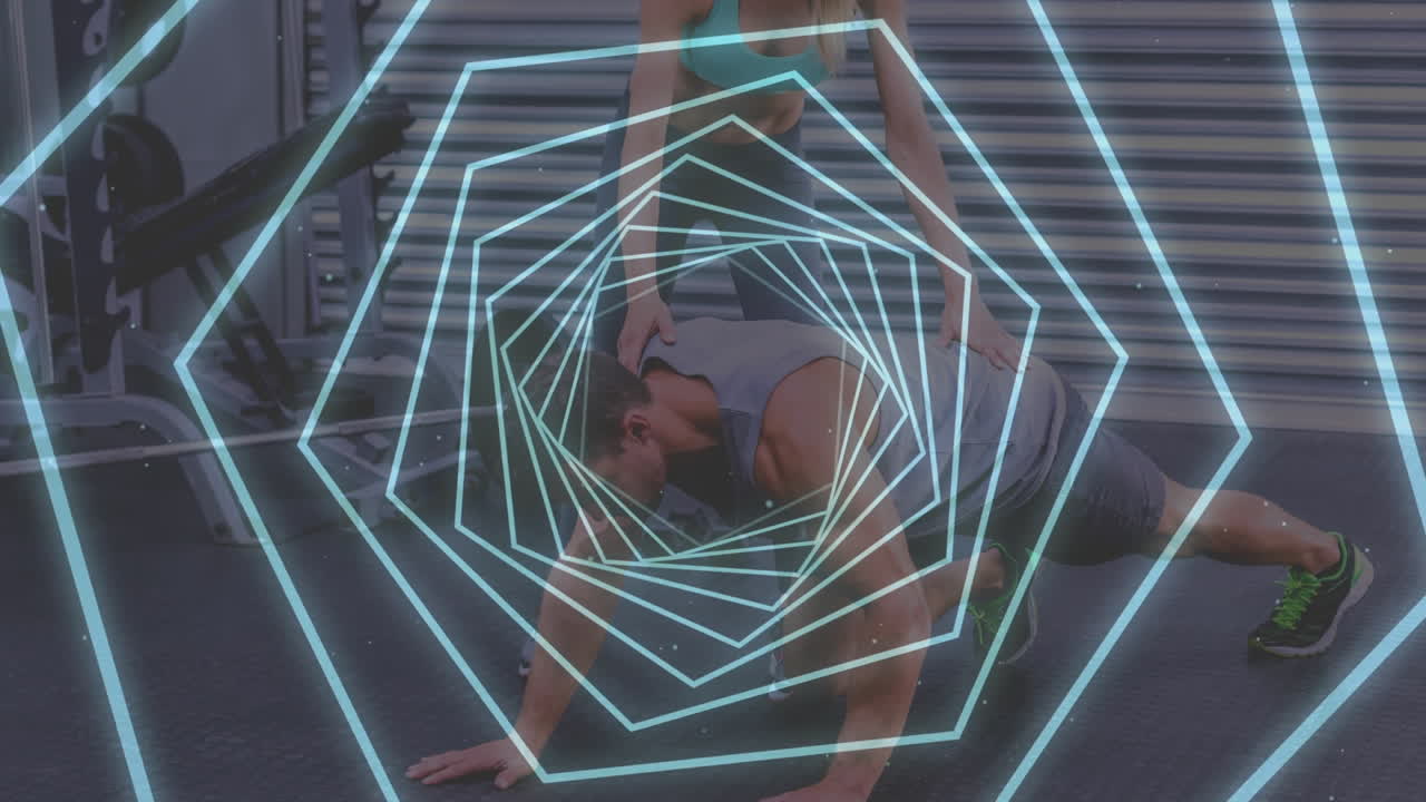 анимация светящегося туннеля над мужчиной и женщиной, занимающимися спортом