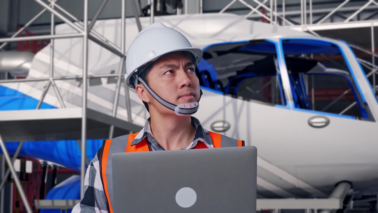 Close Up Of Asian Male Engineer With Safety Helmet Working On A Laptop And Looking Around While Standing With Inspecting Helicopter Assembly