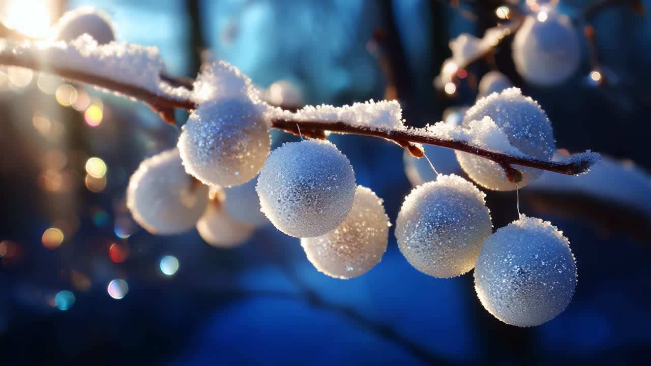 Delicate Frosted Orbs in Winter: Captivating Close-Up of Snow-Covered Decorative Spheres Hanging from a Branch in a Chilly Landscape with Sparkling Light Reflections, Emphasizing the Beauty of Nature's Winter Artistry