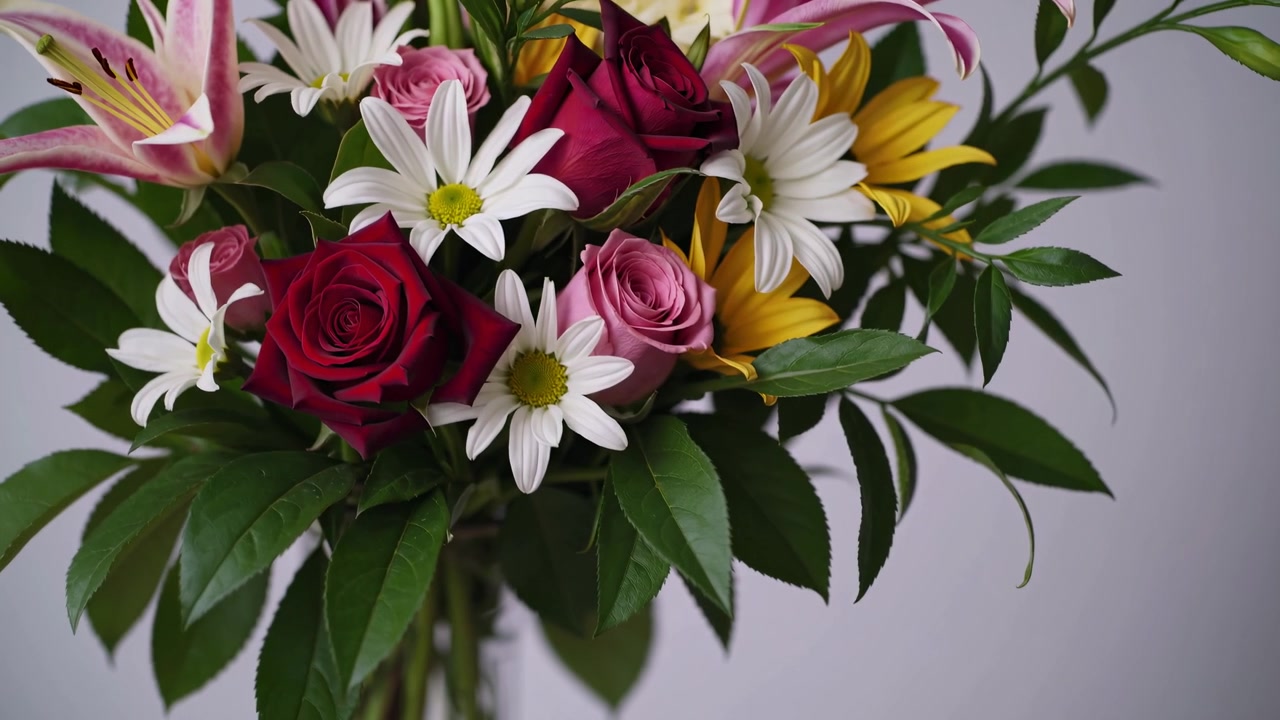 Transizione di messa a fuoco su un bouquet colorato di fiori freschi