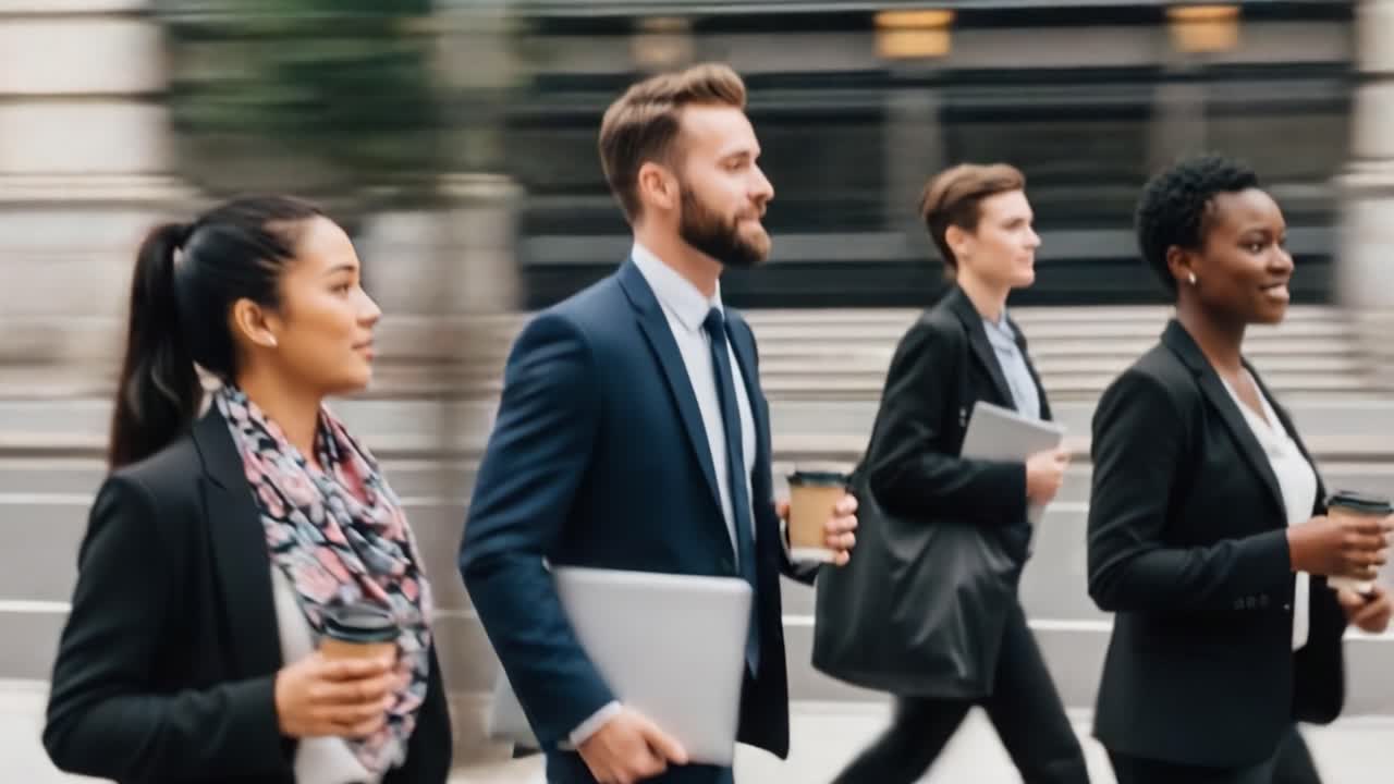 A Group of Professionals Walking Together Downtown, Engaged in Conversation While Carrying Laptops and Coffee, Showcasing Modern Work Culture and Team Dynamics