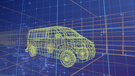 animation of data processing over digital car on blue background