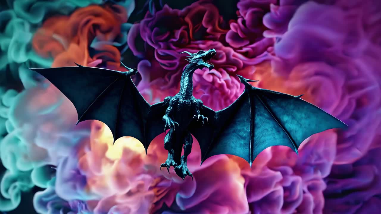 Majestic dragon soaring through the sky, wings spread wide and roaring fiercely, enveloped in vibrant, colorful smoke, creating an enchanting and powerful fantasy atmosphere