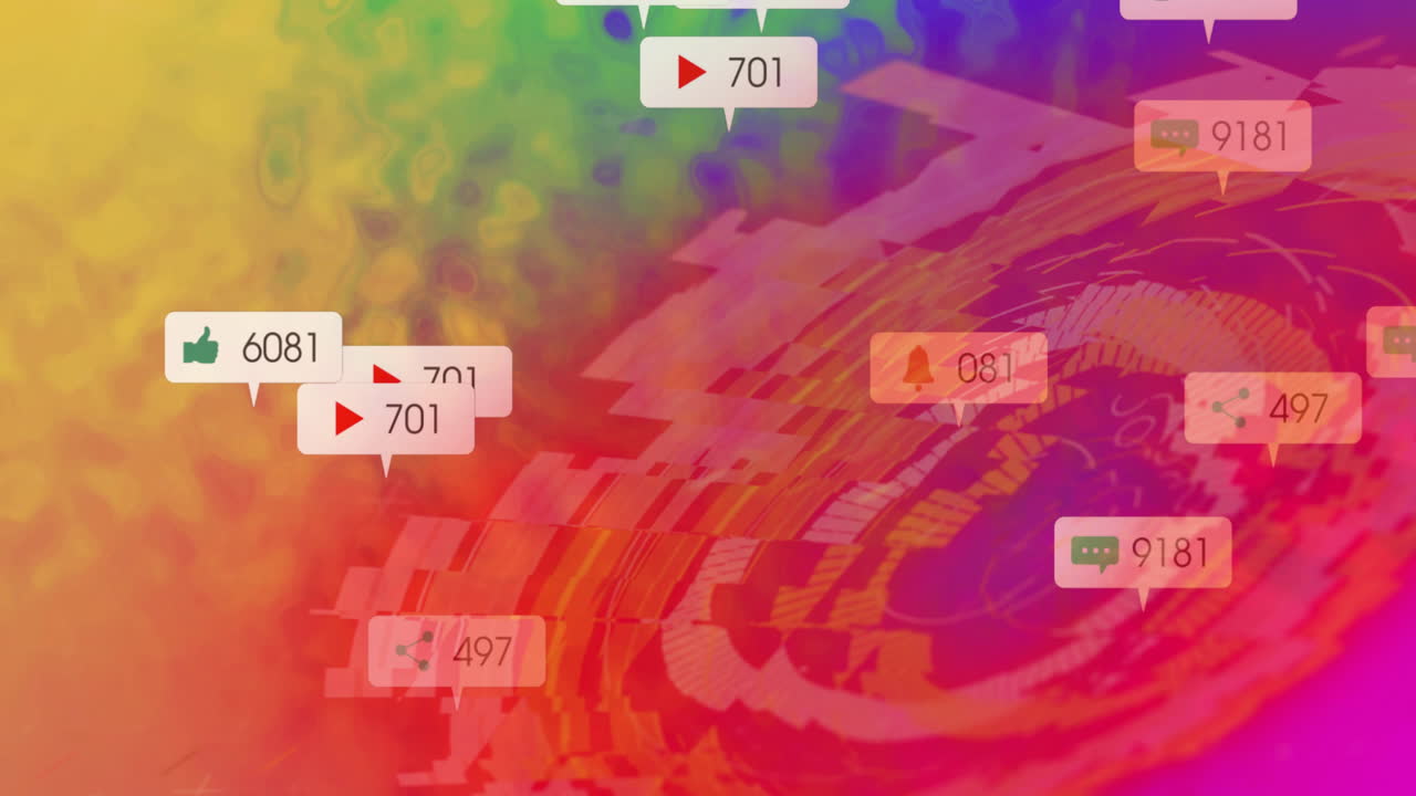 Colorful animation of social media icons floating over vibrant abstract background