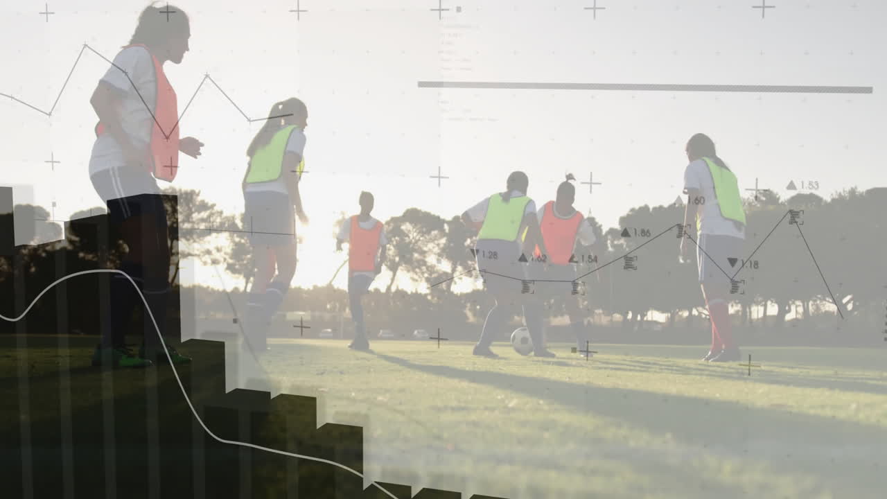 Youth soccer practice with data analytics animation over grassy field