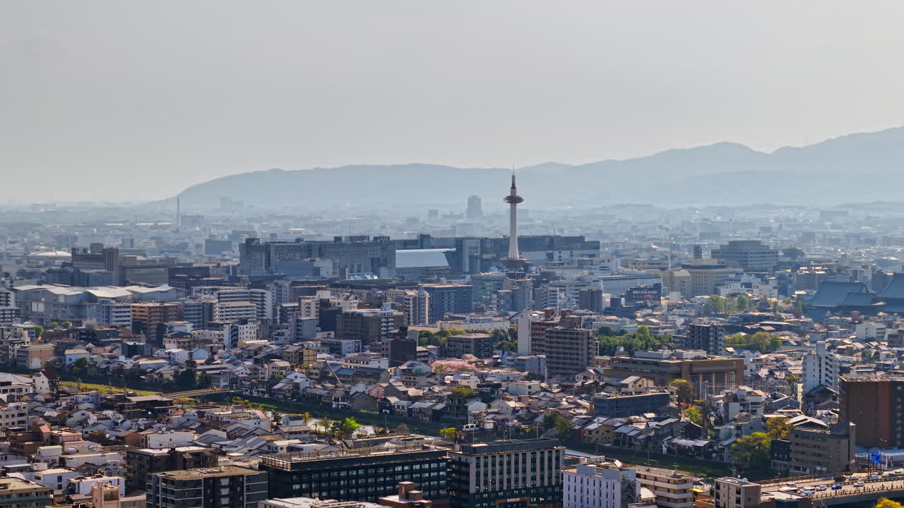 Aerial drone view of Kyoto, Japan in daylight