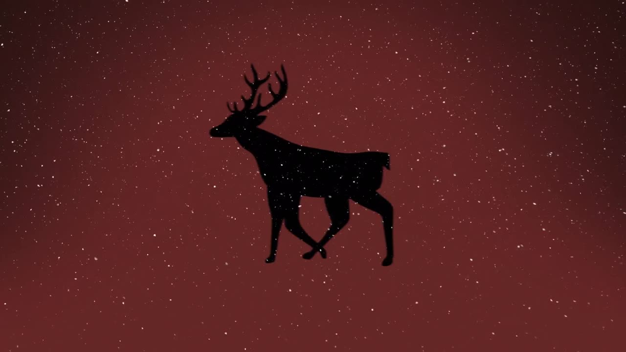 animación de nieve cayendo sobre renos de navidad sobre fondo rojo
