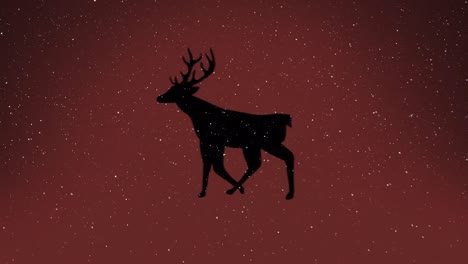 animation of snow falling over christmas reindeer on red background