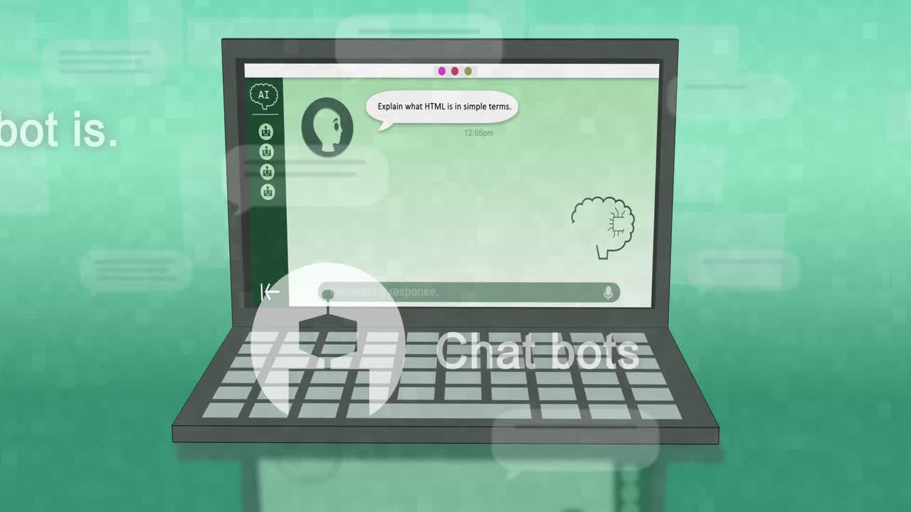 animación de un chat y procesamiento de datos en la pantalla de la computadora portátil