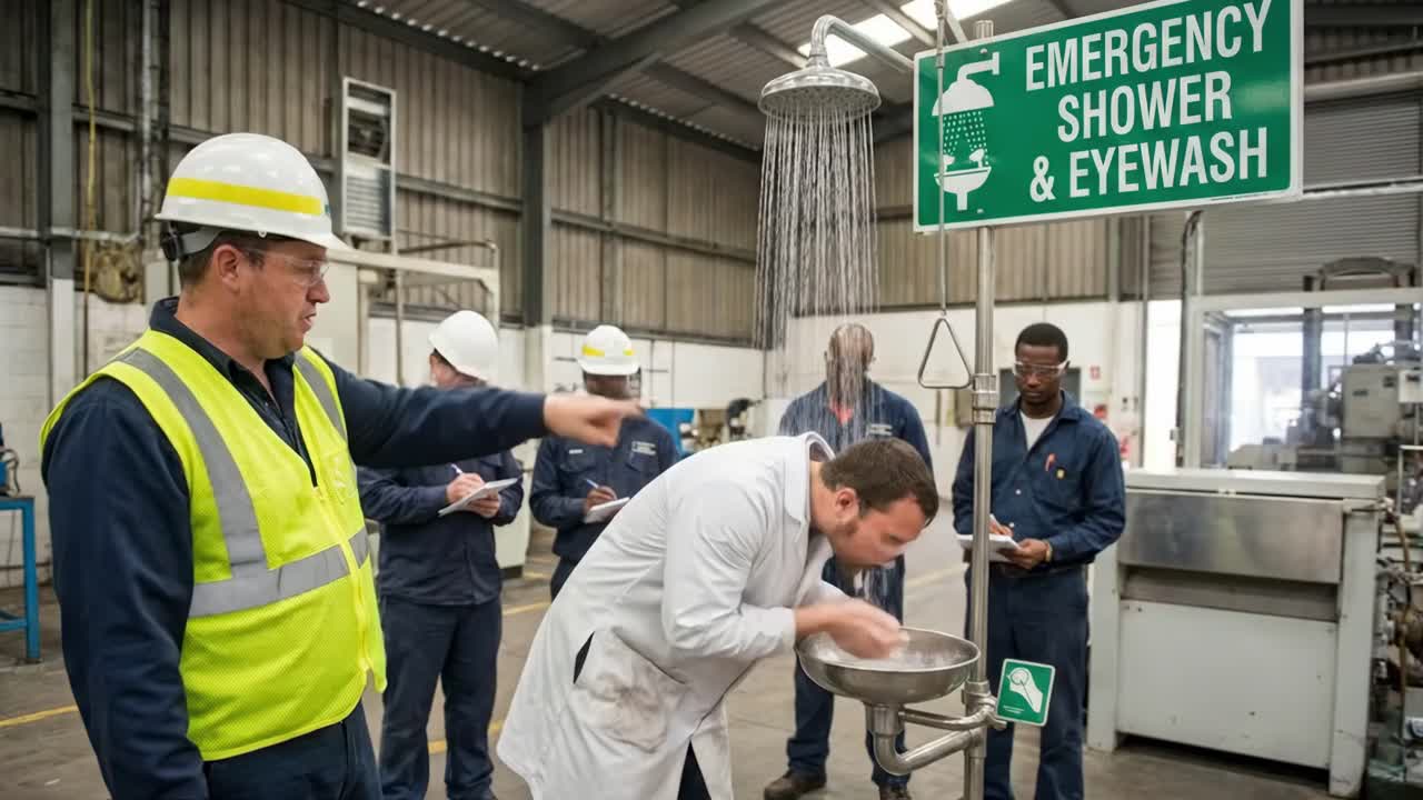 Instrutor demonstra chuveiro de emergência e lava-olhos para trabalhadores