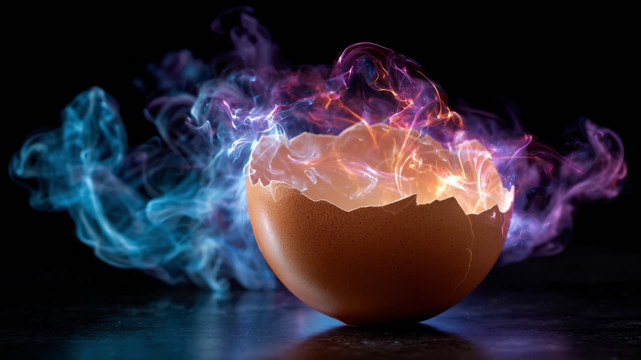 Un vivace guscio d'uovo con fiamme colorate e fumo che ne emanano dall'interno, creando un'incantevole esperienza visiva di fuoco e luce.