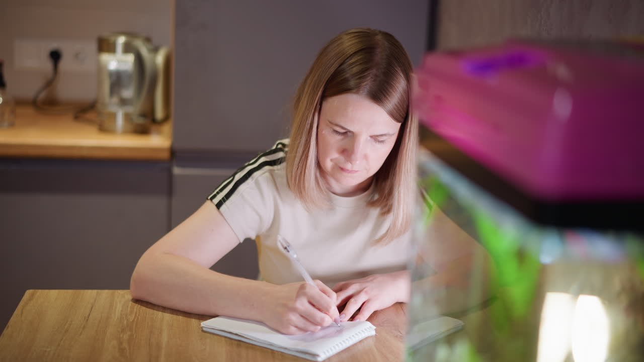 Woman sitting at desk writing in notebook with pen, focusing thoughtfully while glancing at fish tank, combining study, planning, reflection, and mindfulness in calm home environment filled with detail