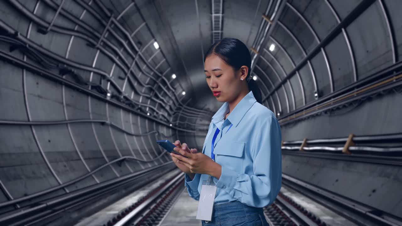 Side View Of Asian Female In Underground Subway Tunnel, Observes By Looking Up Then She Come To Concentrating On The Phone And Keep On Checking