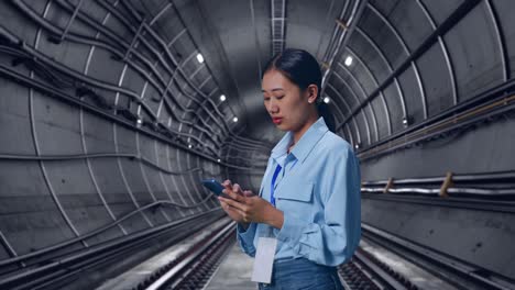 side view of asian female in underground subway tunnel, observes by looking up then she come to concentrating on the phone and keep on checking