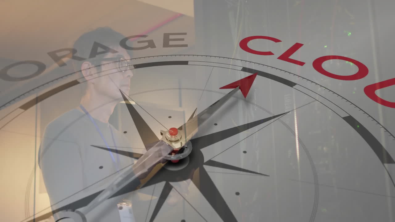In data center, person working with animation of compass pointing to cloud storage