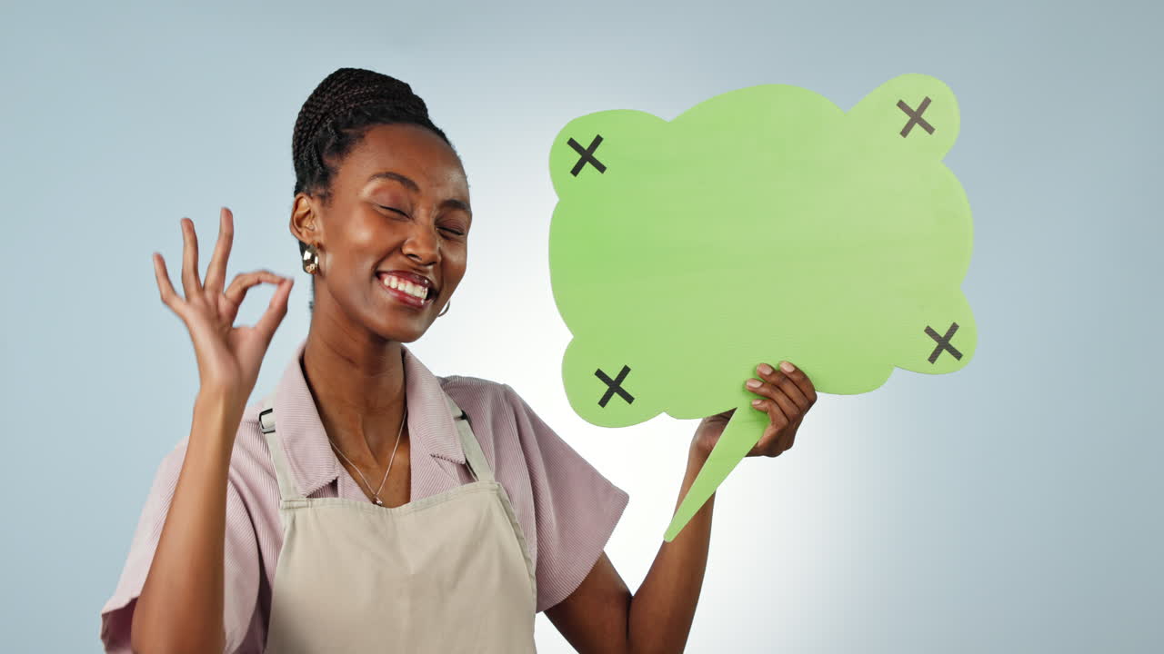 Business owner, face or speech bubble in studio