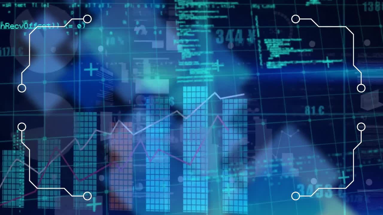Animation of data processing over grid network against squares shapes on blue background
