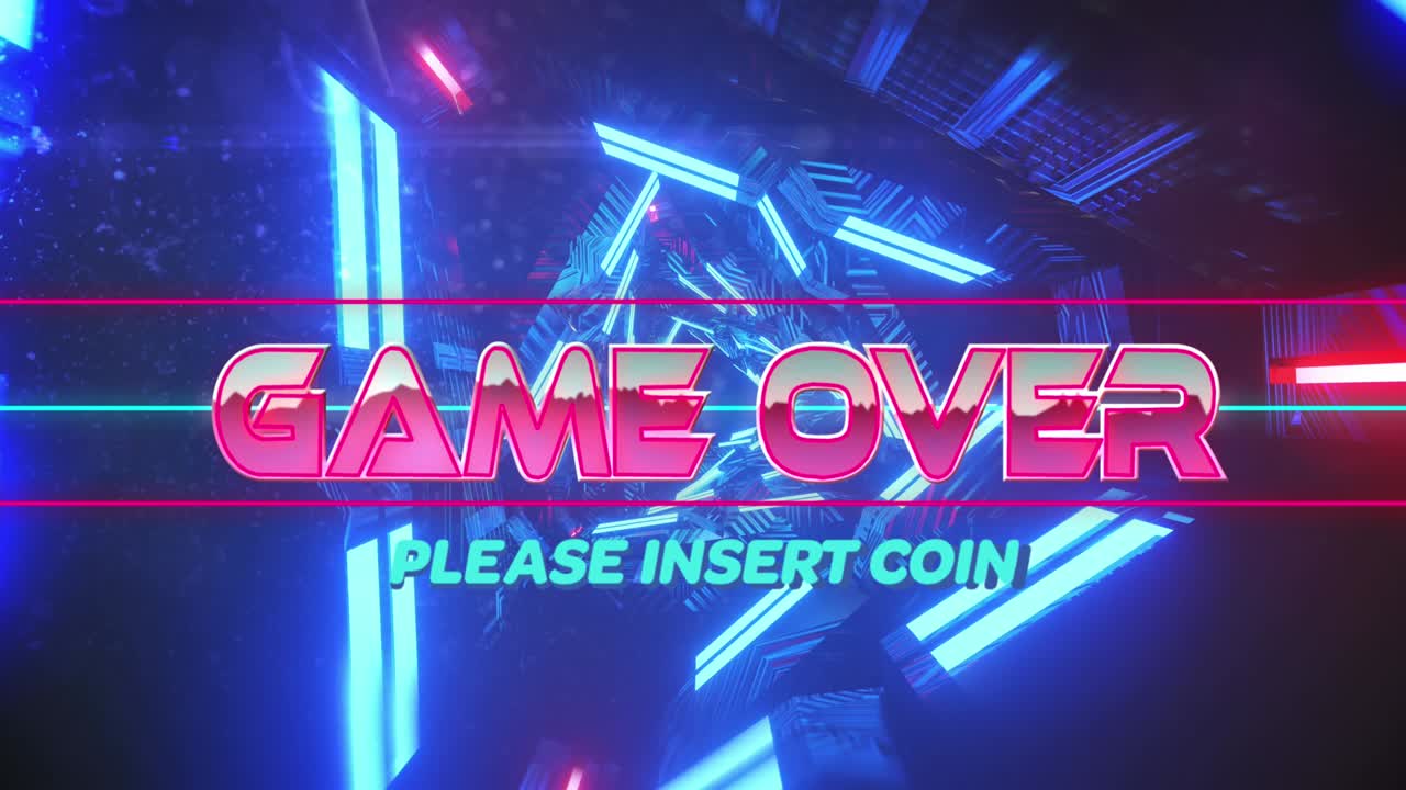 움직이는 디지털 터널을 통해 텍스트 위에 게임의 애니메이션