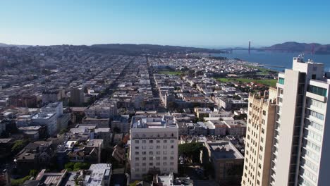 San-Francisco-USA,-Aerial-View-of-Fort-Mason,-Union-Street-and-Marina-Districts-With-Golden-Gate-Bridge-and-Bay-in-Background