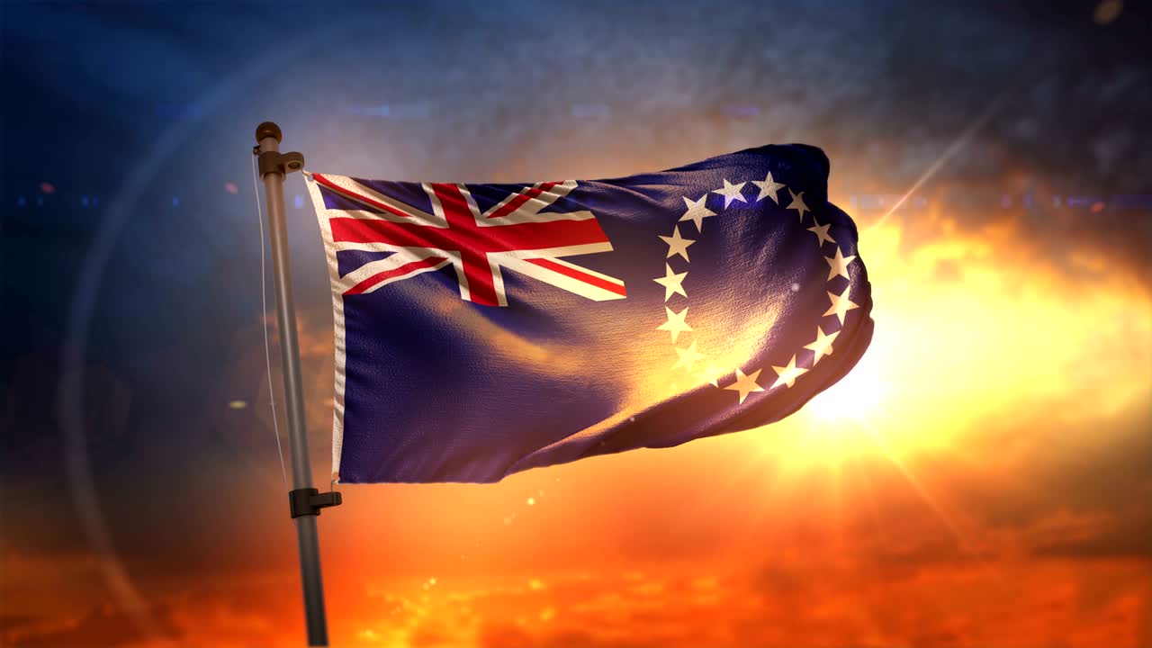 la bandera de las islas cook retroiluminada en un hermoso ciclo de amanecer en cámara lenta 4k