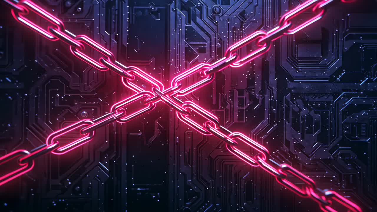 Neon pink chains sweeping from corners and crossing center on circuit board, pulsing digital sparks
