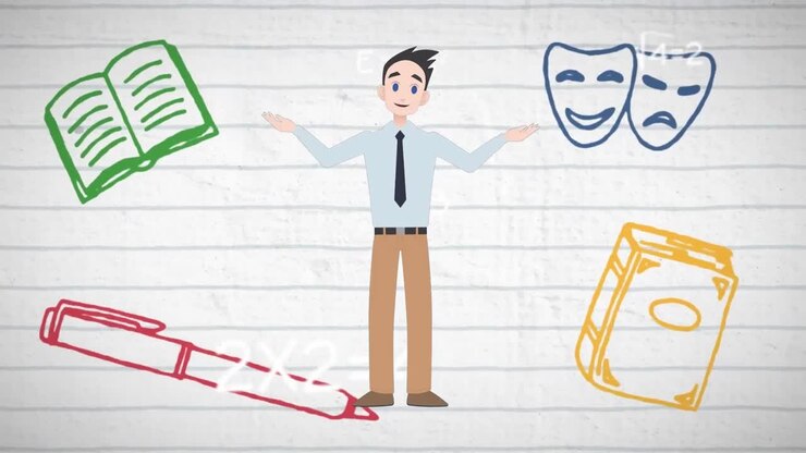 Animation of man talking over school icons and mathematical equations
