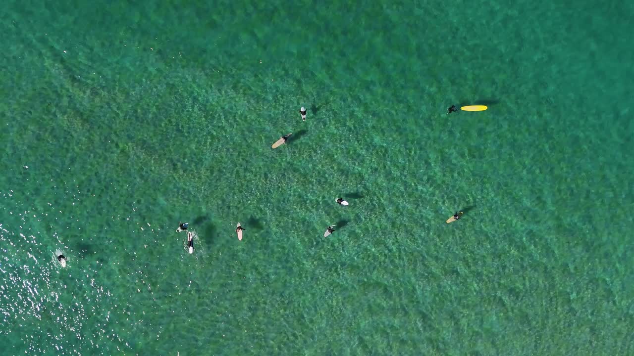 Top-down of surfers paddling and riding waves in turquoise water from above, textured ocean backdrop in green water