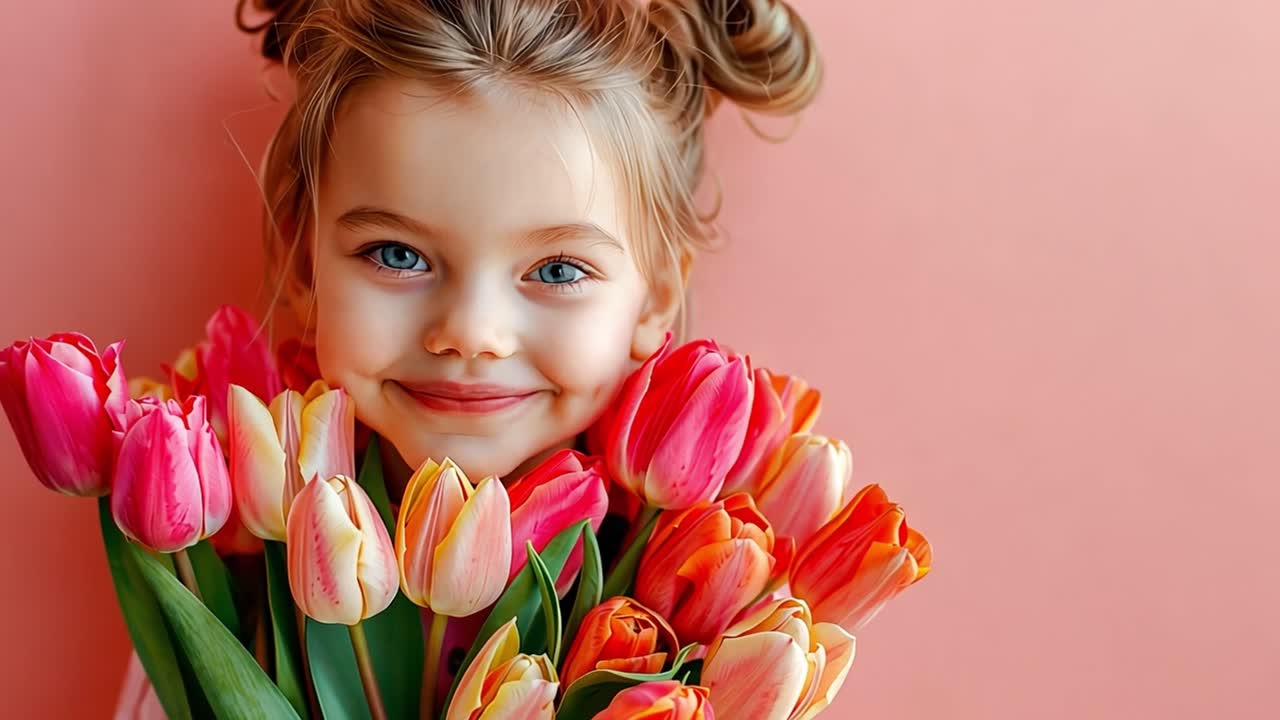 Happy girl with a bouquet of colorful tulips