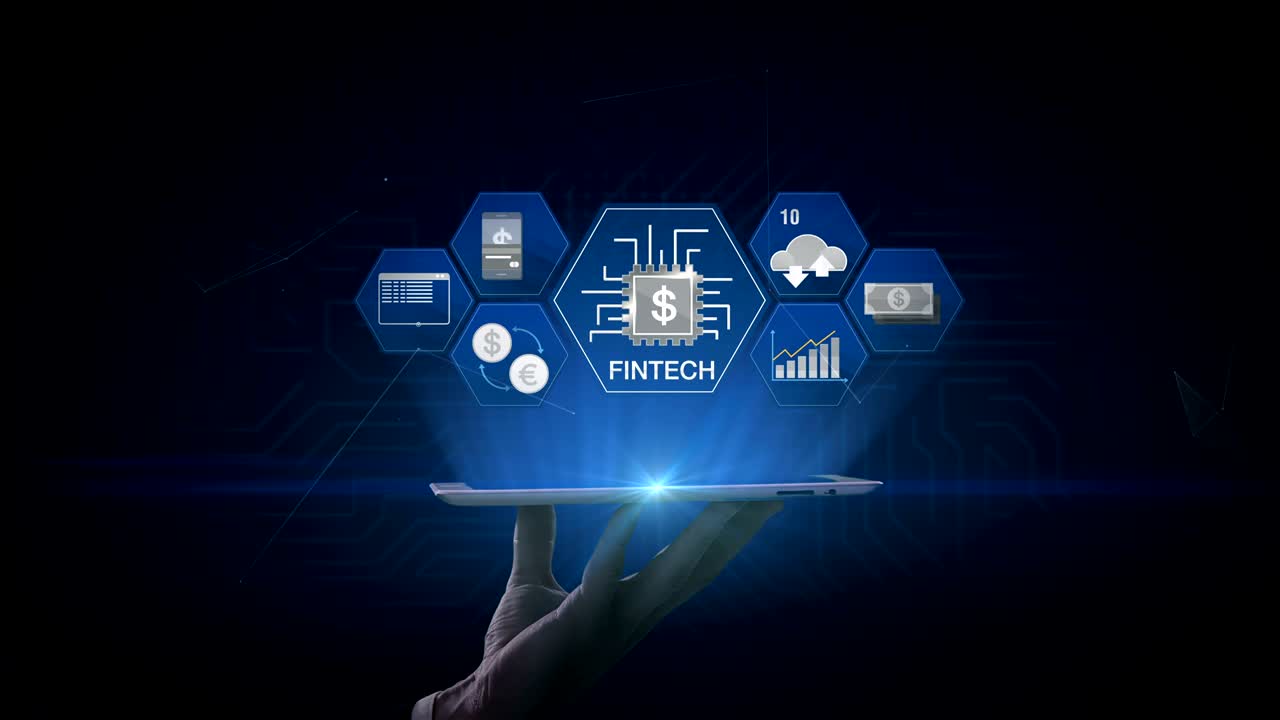 Lifting a smart pad, tablet, Fin-tech icon and various graph. Futuristic financial technology. 4k movie. version 1.