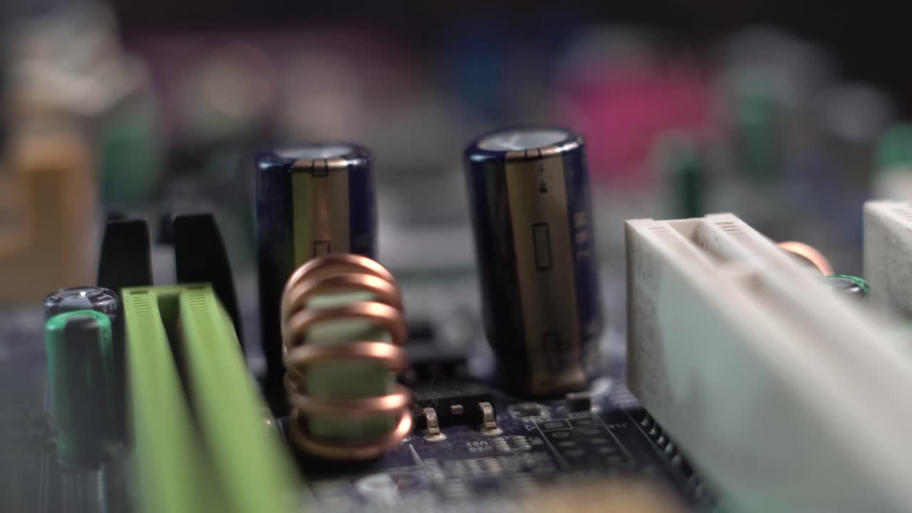 Macro Shot of Electronic Components on a Computer Motherboard