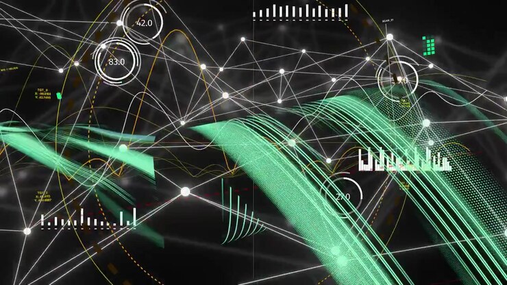 Data pulse starting, teal ribbons forming and undulating while gauges updating, visualizing metrics