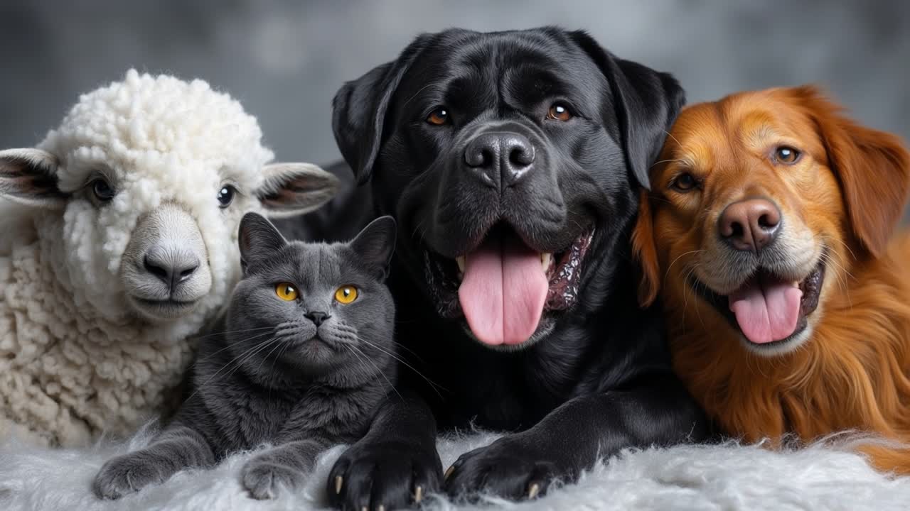 Diverse group of domestic animals including sheep black cat and two dogs sitting together and looking at camera
