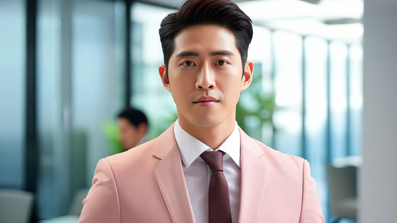 Professional Asian businessman standing confidently in sleek corporate office, displaying serious demeanor with direct eye contact and polished appearance