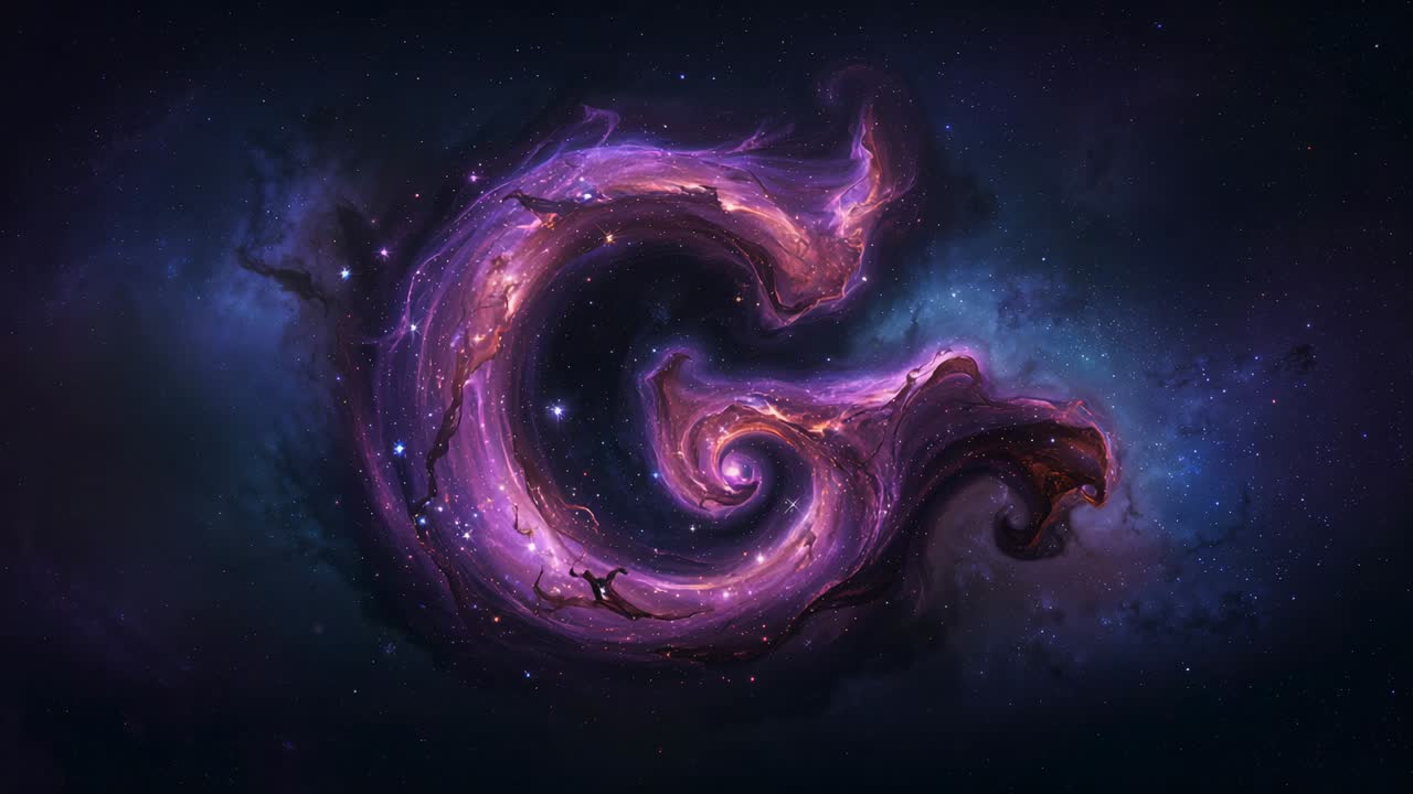Displaying purple-pink nebula spiraling over space background, astronaut silhouette floating